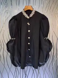 Nowość Jesień 2024 Bawełniane koszule Bluzki dla kobiet Retro Puff Sleeve Beaded Collar Black Shirt Loose Casual Fashion Top