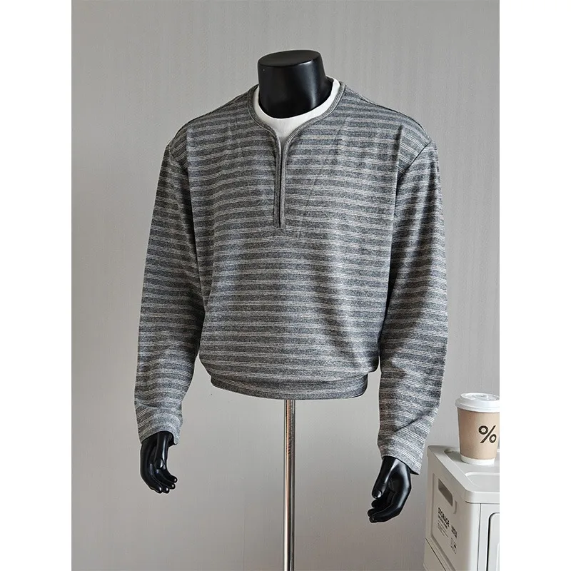 Autumn Men Striped Long Sleeve T‑Shirt Fake Two‑Piece Henley Neck Loose Casual Tshirts Business Social Streetwear Basic Tops