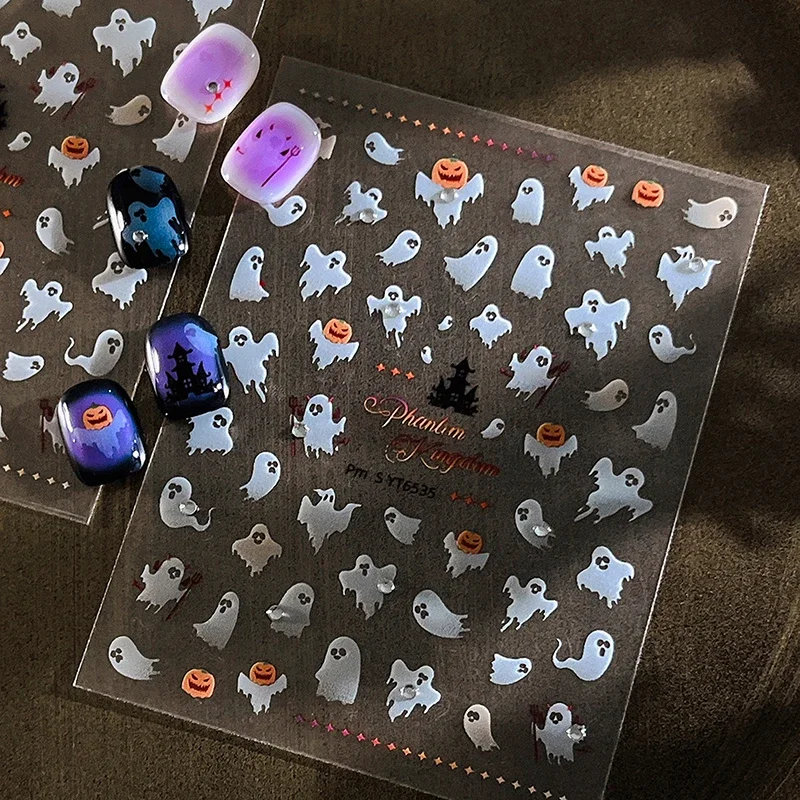 1 ورقة هالوين الأبيض رفرفة شبح ملصقات الأظافر للتقليم DIY سحر اليقطين ذاتية اللصق النساء المنزل DIY مسمار الشارات