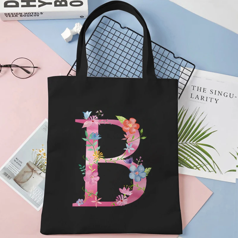 26 Alphabet Women Handbag Shopper Bags Flower Letter Series Canvas Tote Bag Harajuku Large Capacity Black Shopping Shoulder Bag