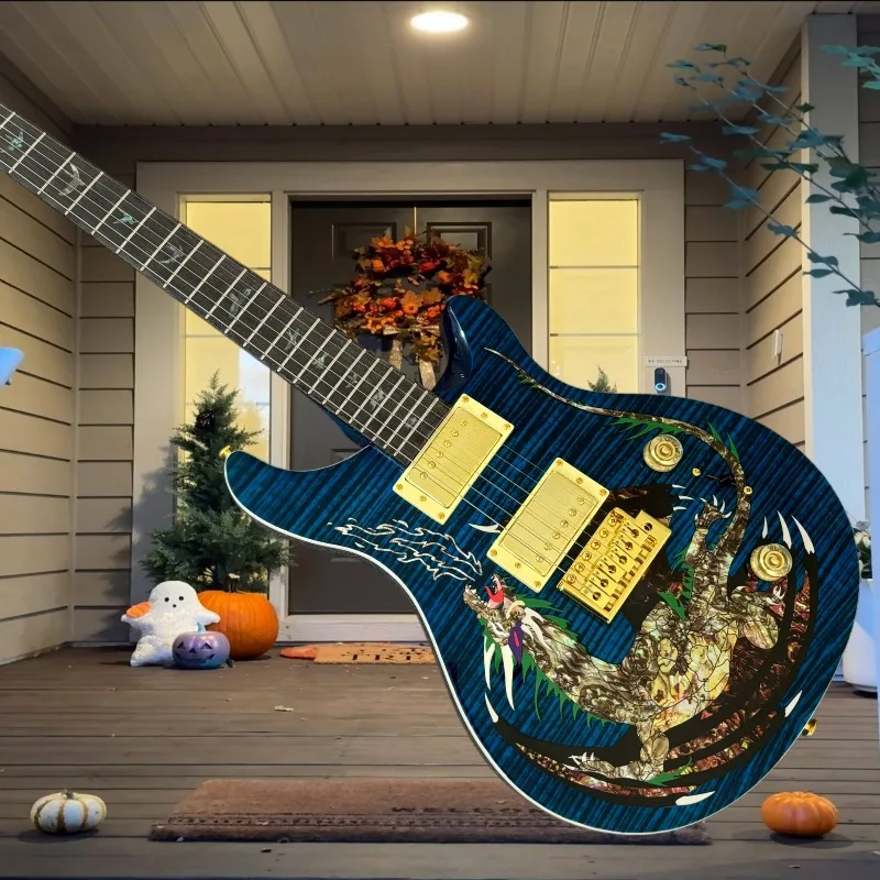 Blue Dragon Graphic PRS Style Electric Guitar Dual Humbucker Tremolo Bridge Gold Hardware Heavy Metal Stage Visual Collector