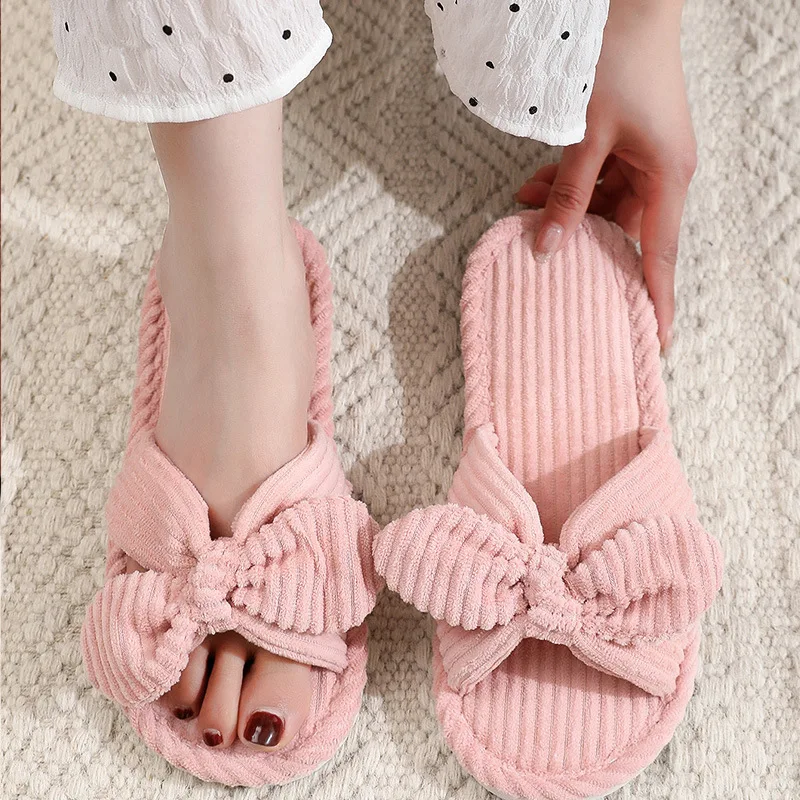 Pantuflas de invierno 2026 para mujer, con lazo, cálidas, de pana y algodón, antideslizantes de EVA, para sala de estar, planas