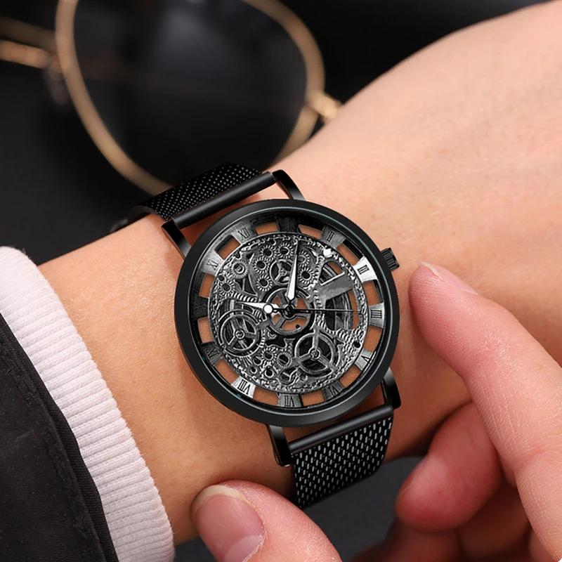 Fashion Mens Hollow Watches Men Business Watch Male Stainless Steel Mesh Belt Skeleton Quartz Wrist Watch Relogio Masculino