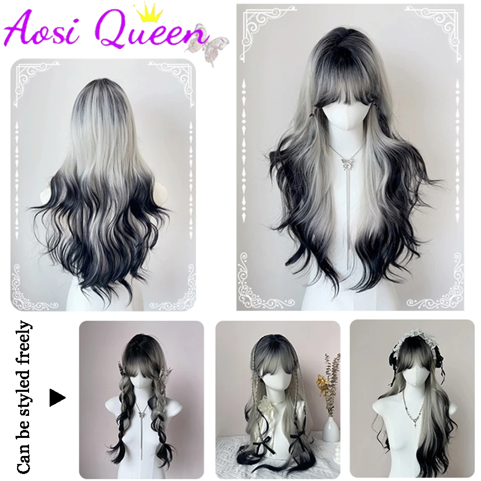 AOSI-perucas cosplay gradiente de onda longa para mulheres, preto e cinza, resistente ao calor, perucas sintéticas, natural lolita bangs