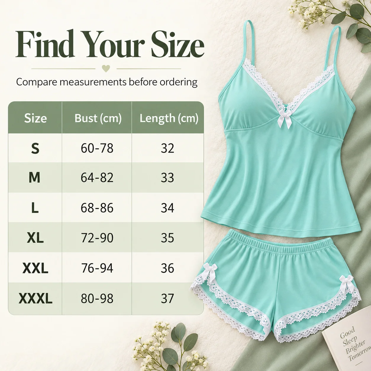 Women's Lace Trim Camisole Shorts Pajama Set, V Neck Bow Detail Sleeveless Two Piece Sleepwear in Solid and Printed Colors gallery 2