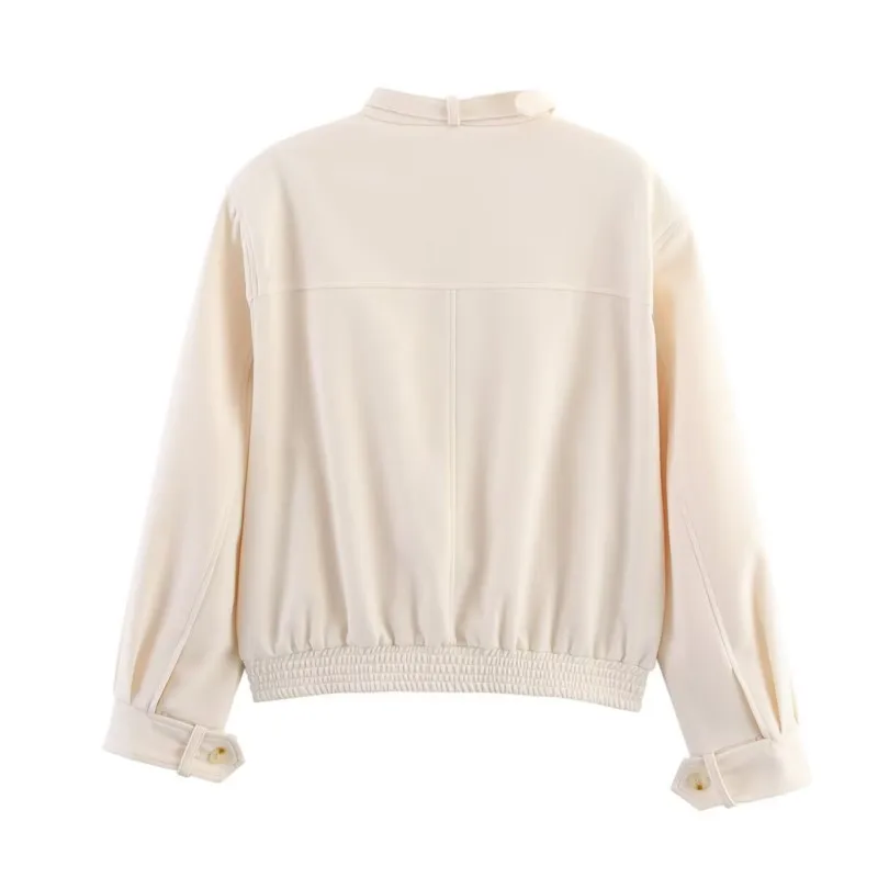 Women's Solid Color Textured Button Jacket Autumn Fashion Casual Short Loose Fit Long Sleeve Zipper Female Coatl  Tops