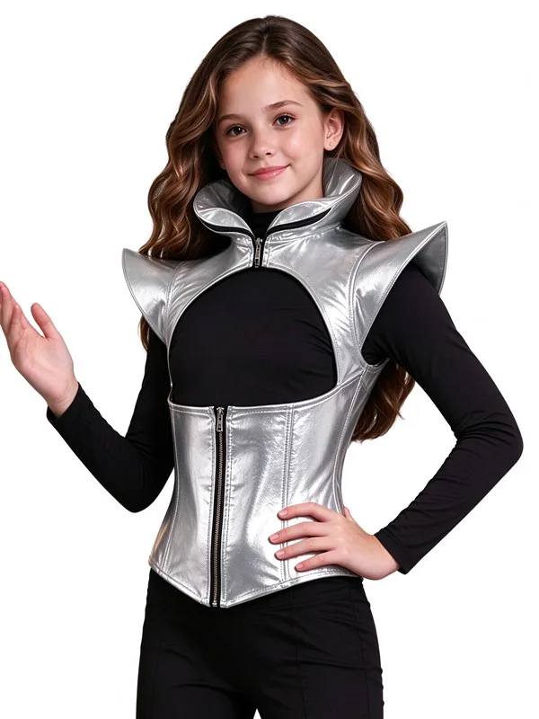 Girls Shiny Metallic PU Armor Corset Top Stand Collar Shoulder Pad Asymmetrical Hem for Jazz Hip Hop Stage Carnival Halloween