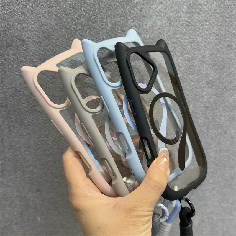 Cartoon Cat Ear for Magsafe Wrist Strap Case for iPhone 16 15 17 Pro Max Air 14 Plus 13 12 11 Lanyard Magnetic Transparent Cover