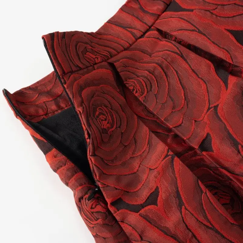 Vin rouge Floral Vintage taille haute robe de bal a-ligne jupe ample pour femmes longueur aux genoux jupes longues pour femmes vêtements mode 2025