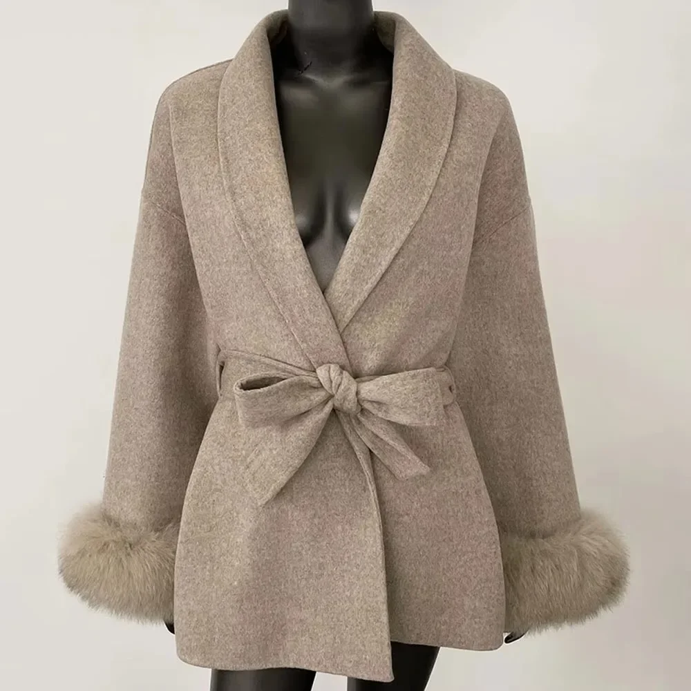 Abrigo de mezcla para mujer, chaqueta de lana a la moda 2025, cuello de piel de zorro Natural para invierno, abrigo de piel auténtica de lana de Cachemira grueso y cálido para otoño
