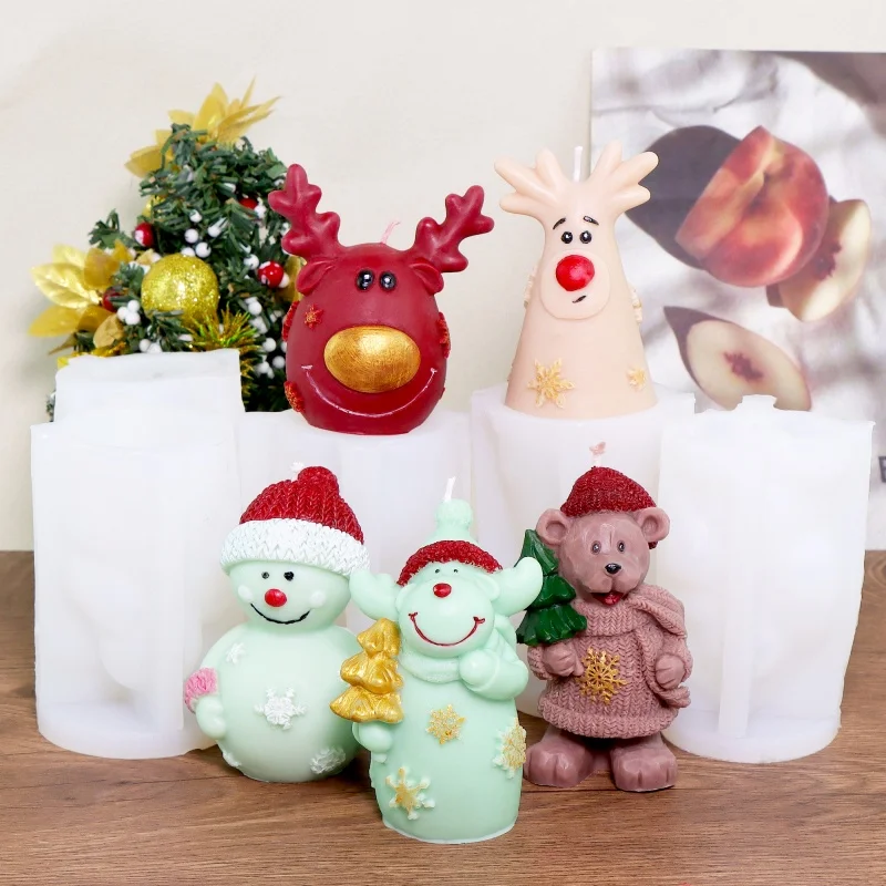 Smiling Snowman Bear Silicone Candle Mold DIY Elk Head Christmas Scented Plaster Resin Craft Ornament Wax Soap Mold Making Tools
