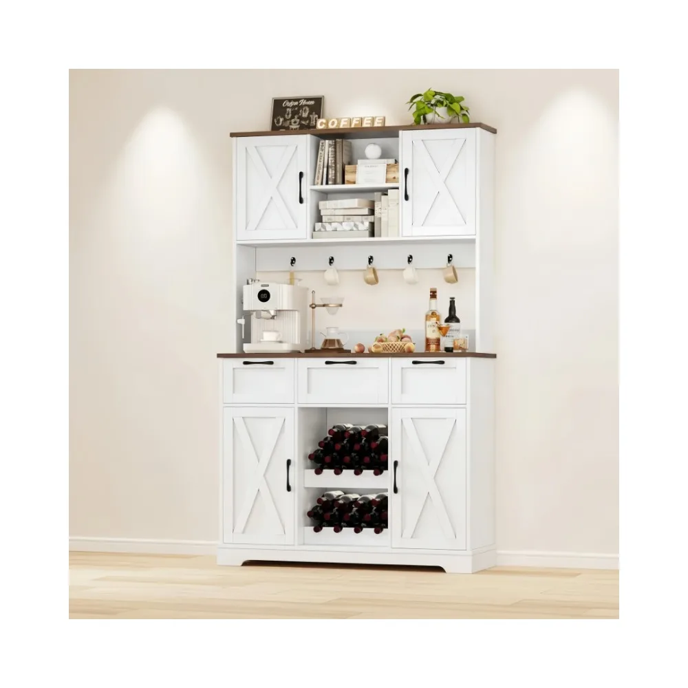 Mueble de cocina grande de 72 pulgadas con puertas de granero, estantes y cajones, estante para bar/microondas, mueble para vino, blanco.