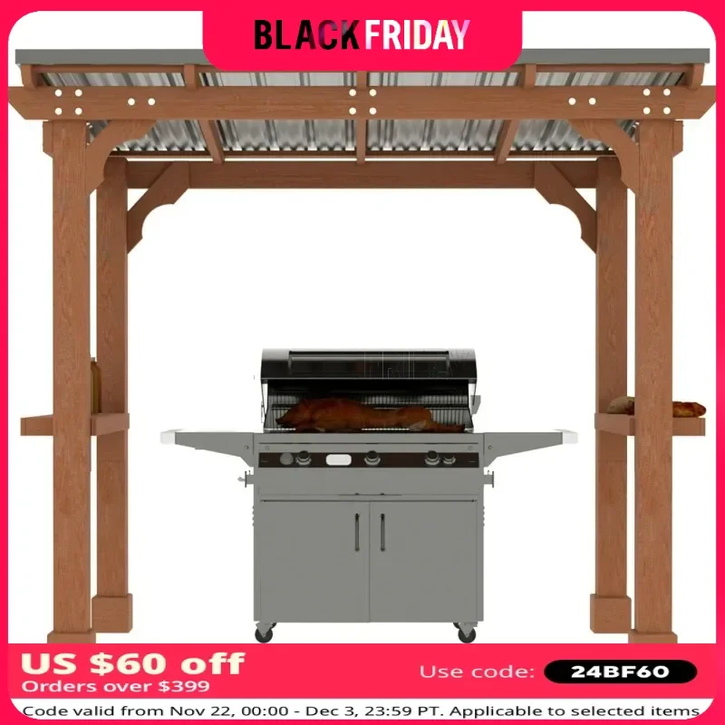 8' x 5' Wooden Grill Gazebo with Sloping Metal roof, 2 Full Size Grills, BBQ Canopy for Outdoor Patio, Lawn, Garden, Backyard