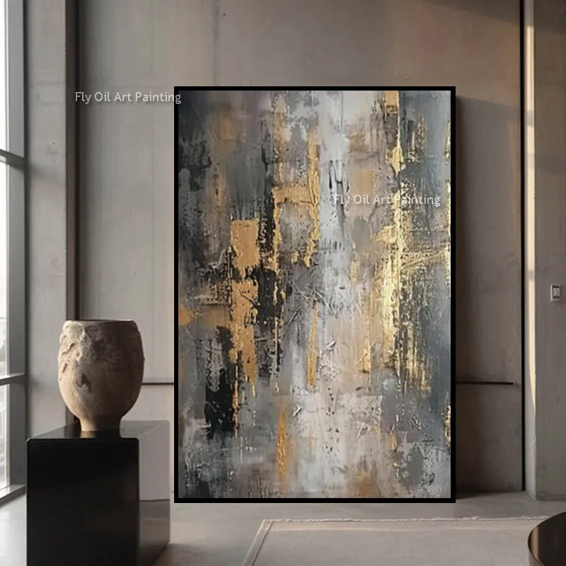100% Hand Painted Grey Gold Abstract Oil Painting, Palette Knife Texture Canvas, Industrial Vertical Entry Wall Decor
