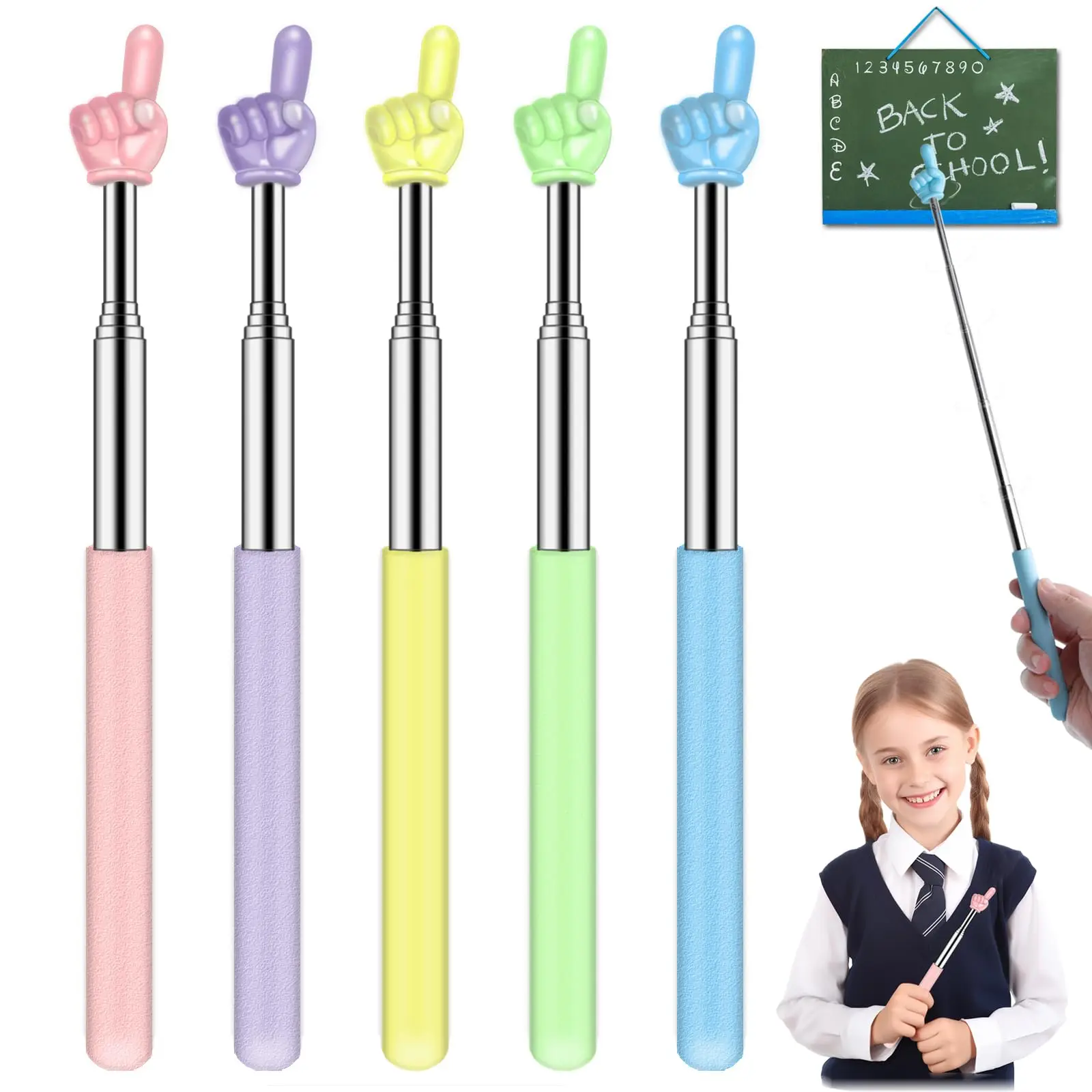 Retractable Teacher Pointer for Classroom Kids Reading, Extendable Finger Pointer Stick for School Long Telescoping Hand Pointer