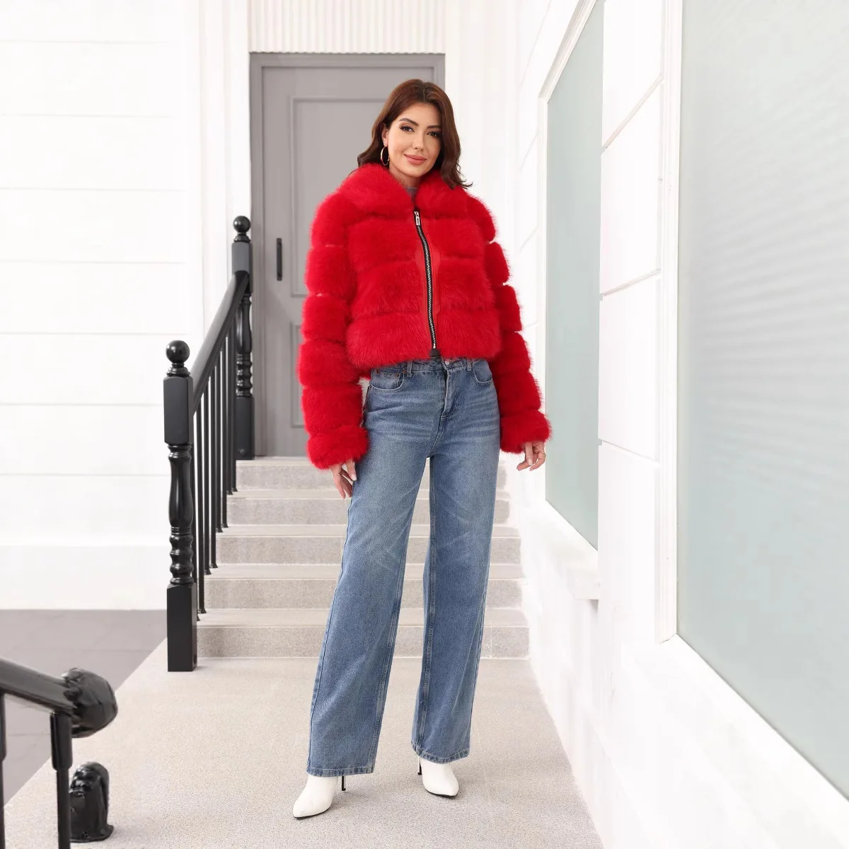 Slim Gradient Winter Women Faux Fur Jacket Stylish Open Stitch Short Lady Artificial Fur Jacket Temperament Fur Coat For Female