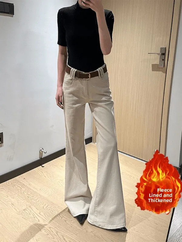 

Retro American Khaki Flared Fleece Lined Jeans Women Thick Warm Slimming Loose Wide Leg Pants Autumn Natural Waist Button Clo...