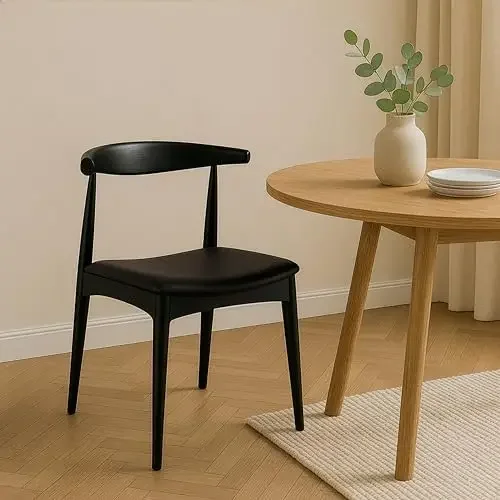 Set of 2 Solid Wooden Dining Chairs | Upholstered Faux Leather Cushioned Seat | Modern Farmhouse Elbow Side Chair