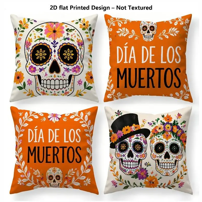 Printed Design - Not Textured Day of The Dead Themed Pillowcases, 4pcs, Skull And Floral Printed Patterns