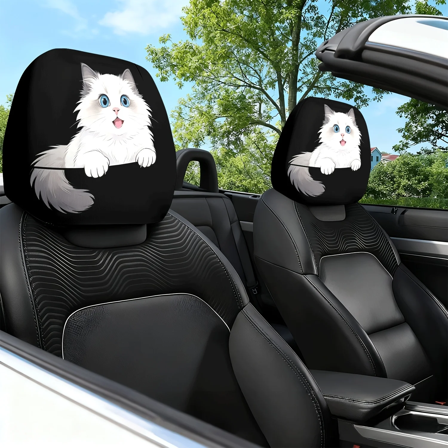 2pcs Cute Cat Expression: Blue-Eyed White Cat Themed Printed Car Seat Cushion Headrest Neck Pillow Cover - Featuring Adorable