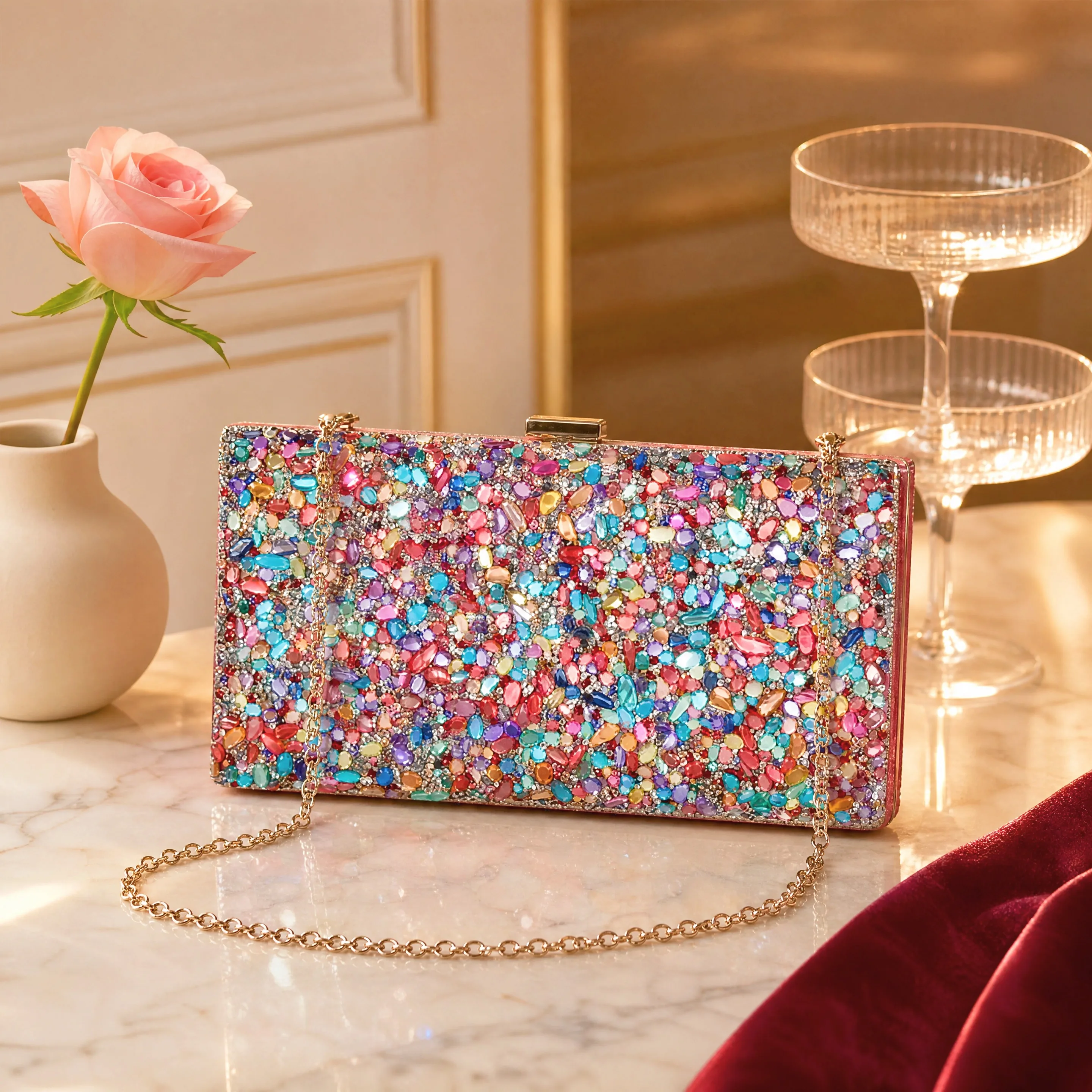 Women's Purple Bag Multicolor Rhinestone Evening Clutch Bag Luxury Brand Sparkly Hard Box Handbag Wedding Party Shoulder Purse