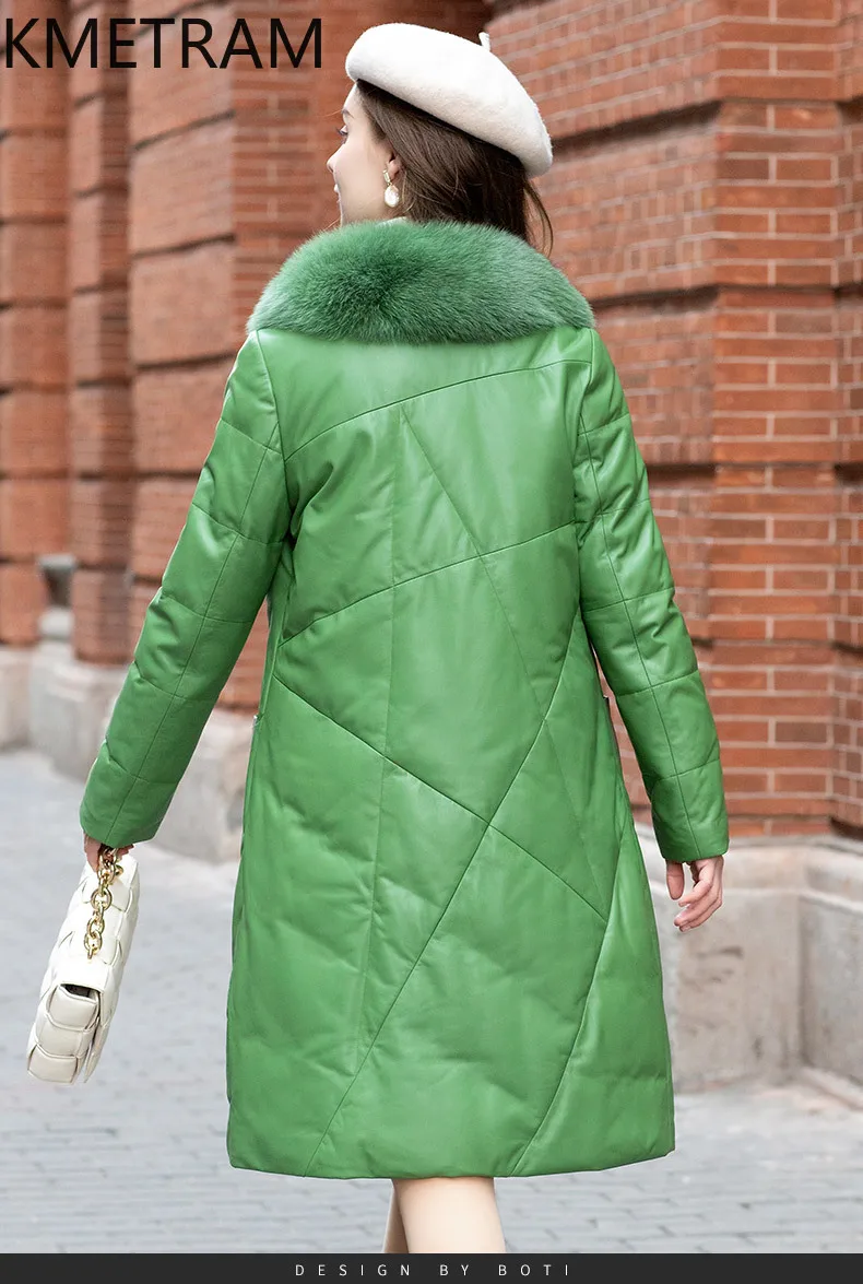 KMETRAM Natural Sheepskin Genuine Leather Down Jacket Women Fox Fur Collar Casual Green Outerwears 2025 Winter Long Coats пальто