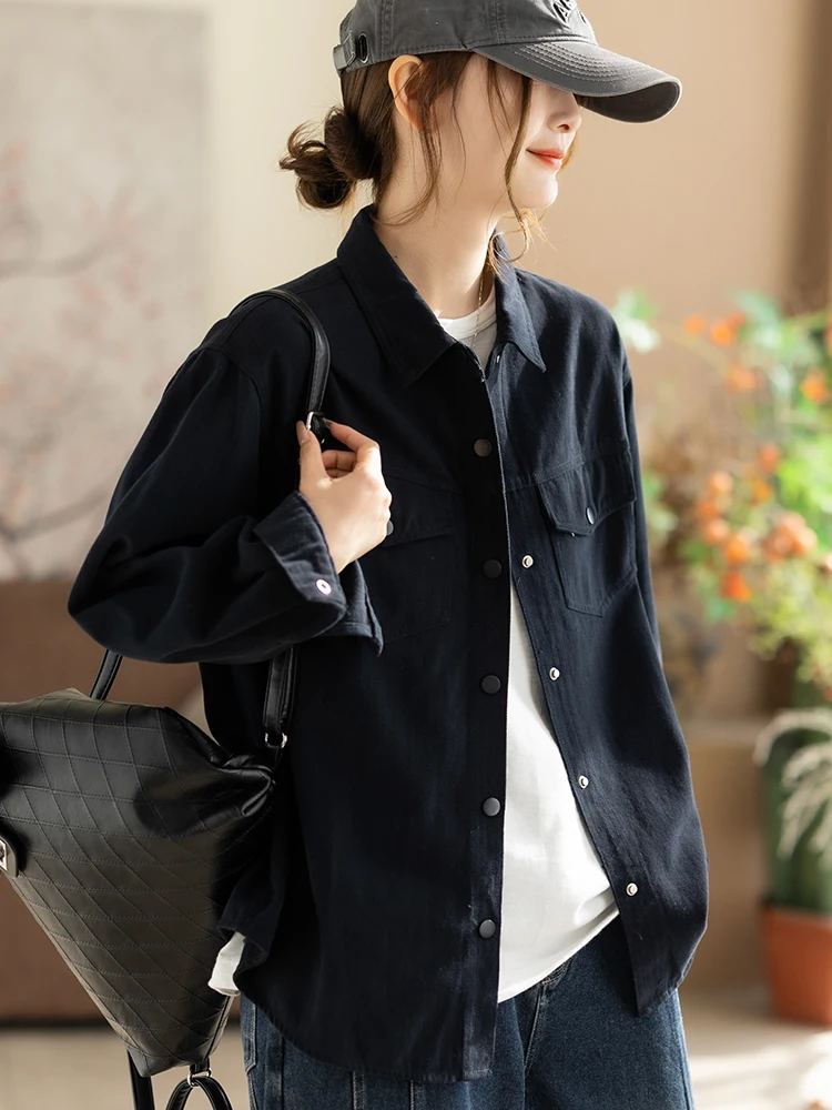 

Cotton Long Sve Brued Fini Casual irt Women's Spring Autumn Loose Fit Turn-down Collar Commuter Sle Comfortable Br...