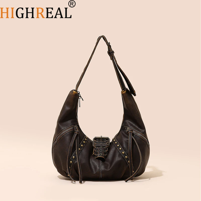

New Vintage Brown Women PU Leather Handbags Studs Rivets Lady Shoulder Bags for Women Casual Female Tote Shopping Bag