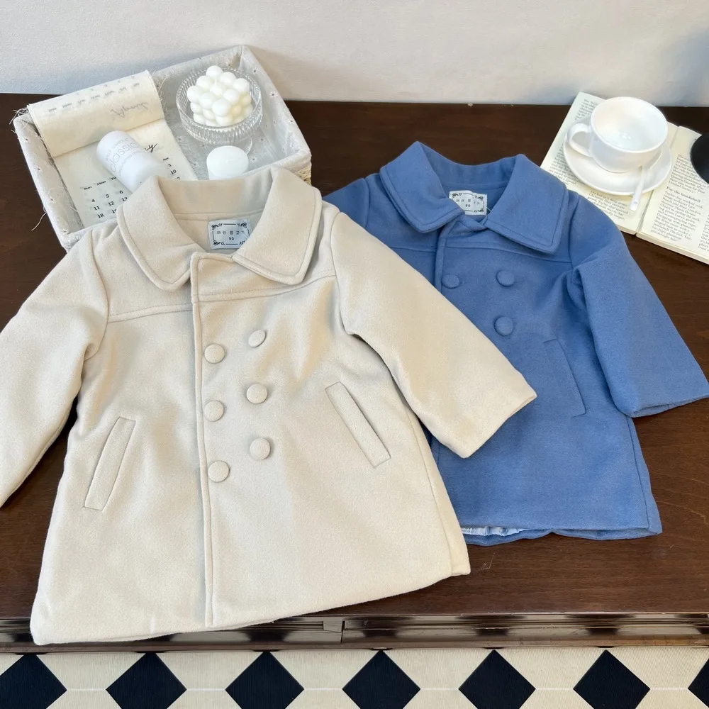 Overcoat Thickened Double-breasted Mid-length Coat Boys Grils Children Solid Ins Simple Loose Casual New Autumn Winter