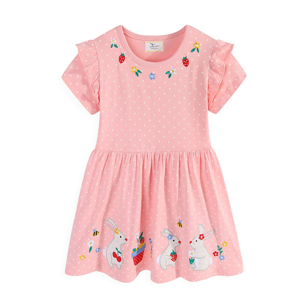 

Jumping Meters 2-7T Animals Embroidered Short Sleeve Summer Girls Dress Kids Fashion Birthday Party Clothing Children's Dress