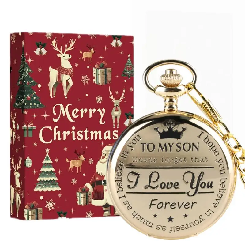 To My Son I Love You Forever Men Boy Quartz Pocket Watch Roman Number Dial with Pendant Fob Chain Merry Christmas Gift To Son