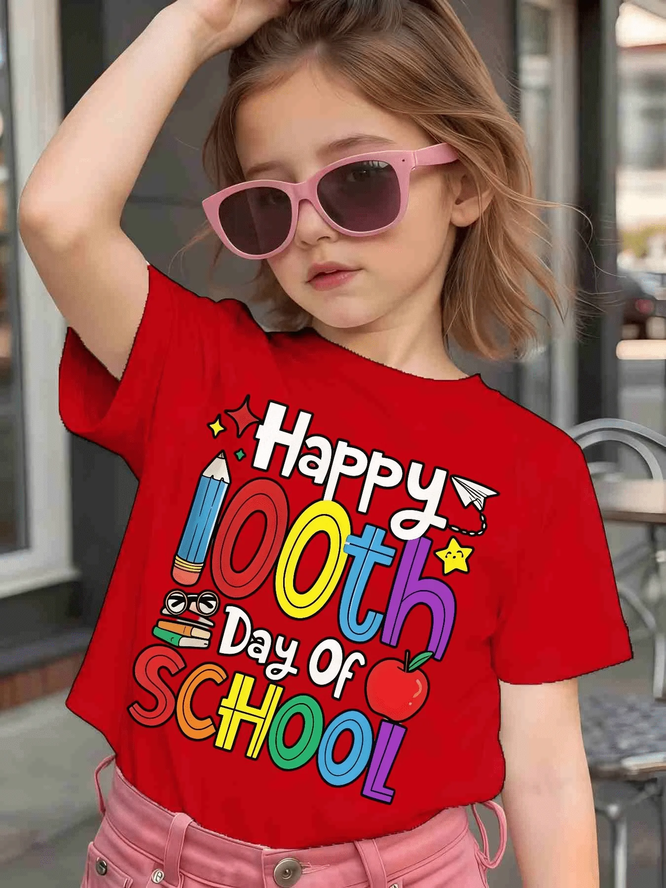 Cartoon Apple Pencil 100th School Day Graphic Kids T Shirt Boy Girls Parent Matching Cotton Short Sleeve Soft Tops For Young Kid
