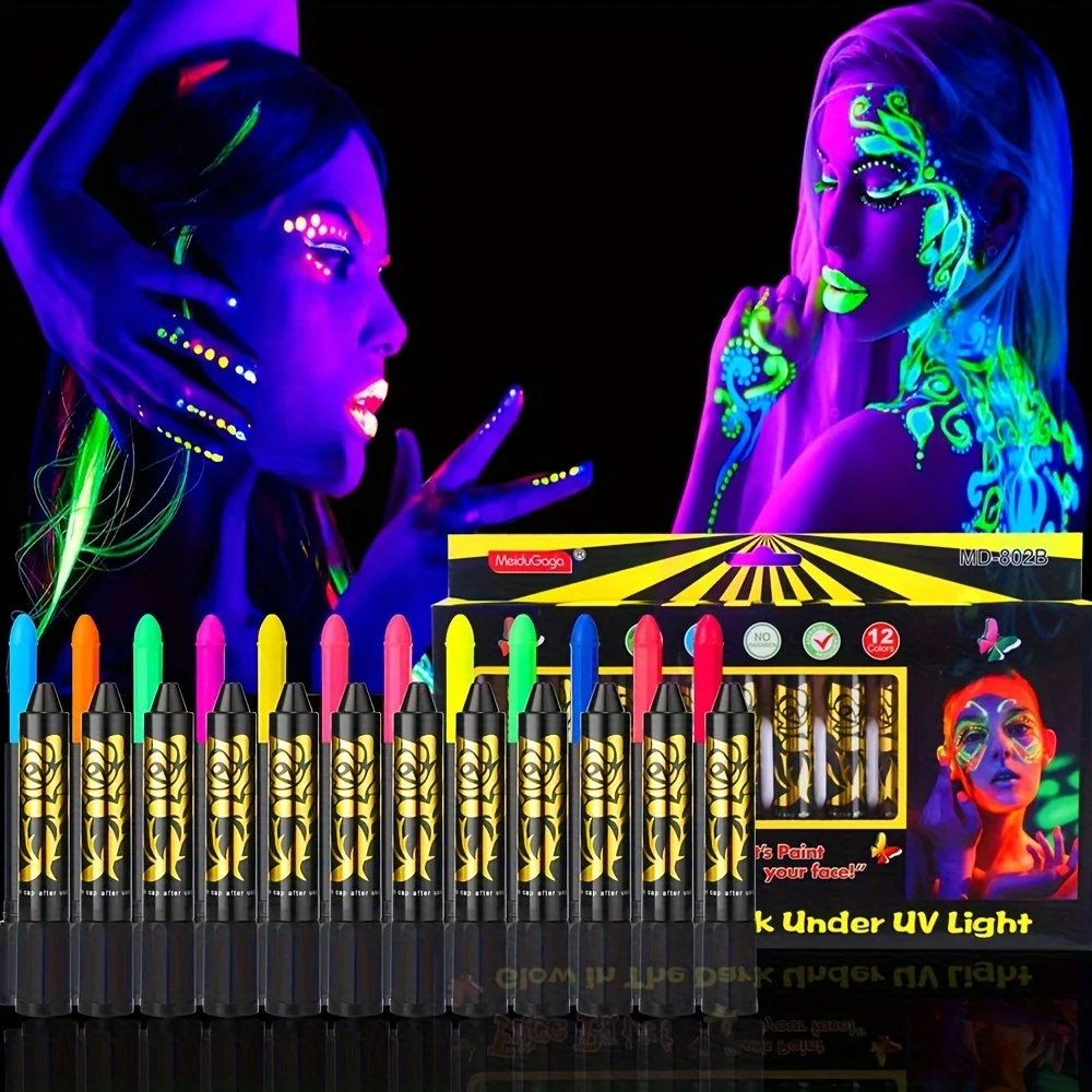 12Pcs Vibrant UV Neon Face Body Paint Kit Glow-in-the-Dark Water-Soluble Makeup Set for Mardi Gras Halloween Masquerade Parties