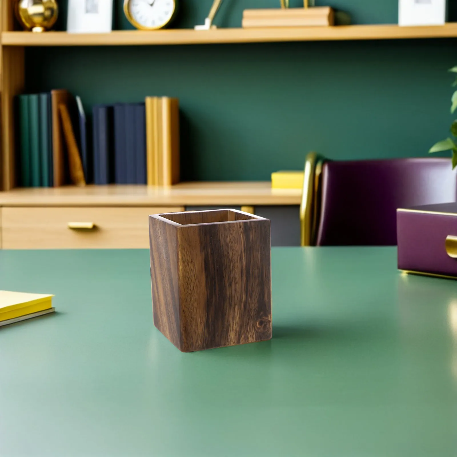 Wooden Walnut Pen Holder Square Desk Organizer Dark Brown Pencil Cup for Office Stationery Makeup Brush Storage