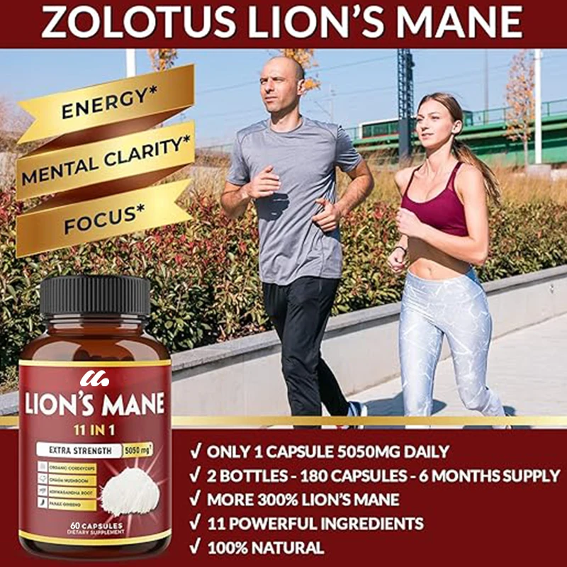 Lion\'s mane mushroom supplement, containing Cordyceps sinensis, Ganoderma lucidum, and South African drunken eggplant