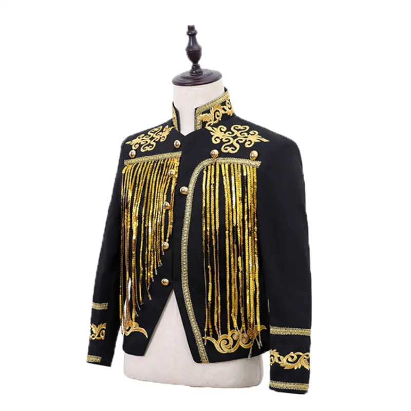 Men's Sequin Tassel Court Jacket Golden Black Fringe Slim Coat Bar Nightclub Male Singer Chorus Dancer Performance Stage Costume