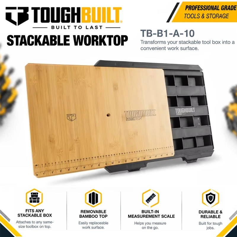 TOUGHBUILT TB-B1-A-10 Stackable Workbench Top, Replacement Bamboo Board With Ruler Scale, Work Surface For Construction Workshop