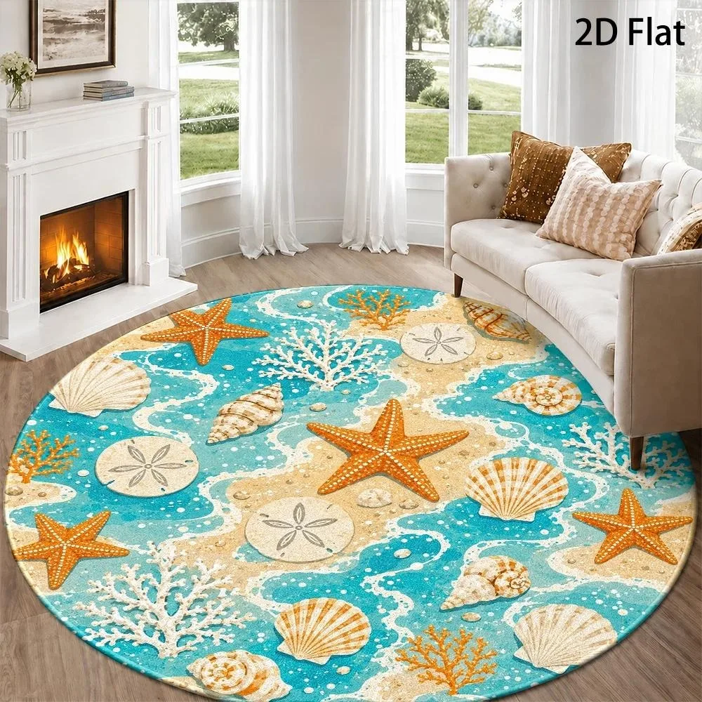 Nautical Theme Round Rug,Blue Watercolor Seahorse Starfish Manta Ray Seaweed Printed Circular Floor Mat,Living Room Bedroom