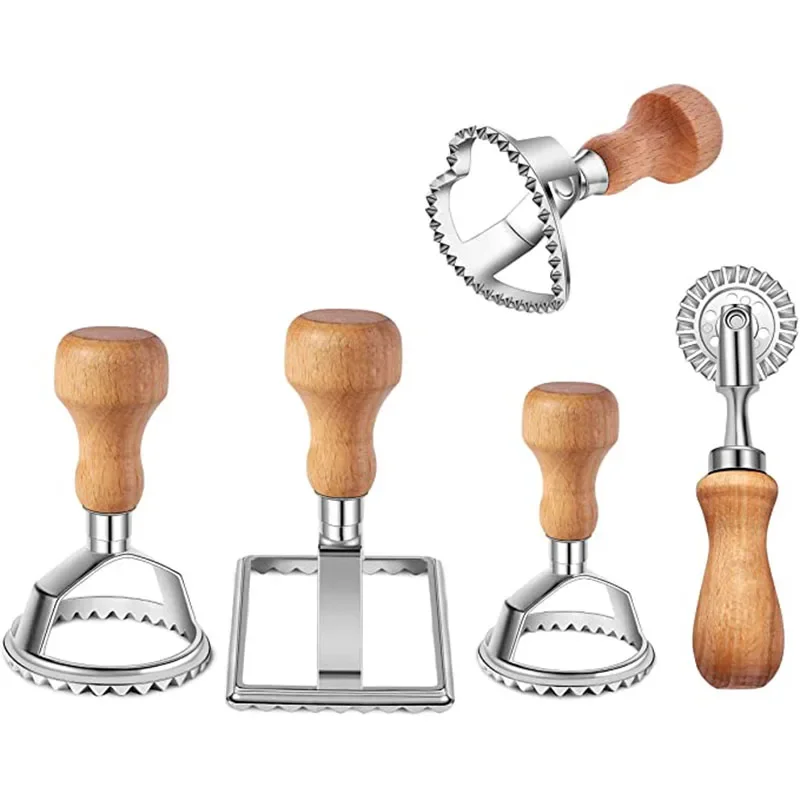 

4/5Pcs Ravioli Stamp Maker Cutter Roller Wheel Set Cookie Mold with Wooden Handle Fluted Edge Pasta Press Kitchen Tools