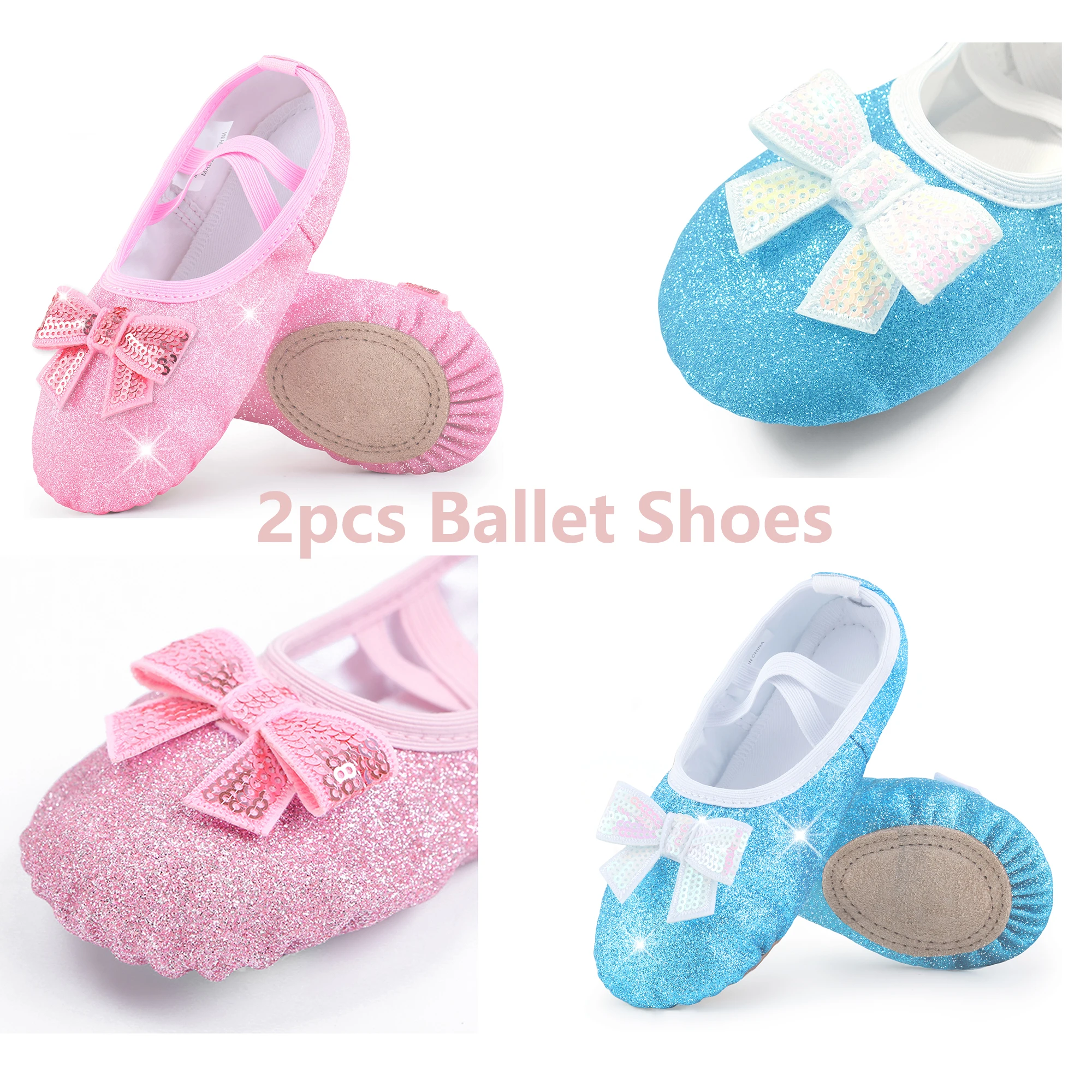 

2 Pairs Ballet Shoes Split-Sole Glitter Flats Soft & Breathable Ballet Shoes for Girls Toddler/Kid With Bow Knot