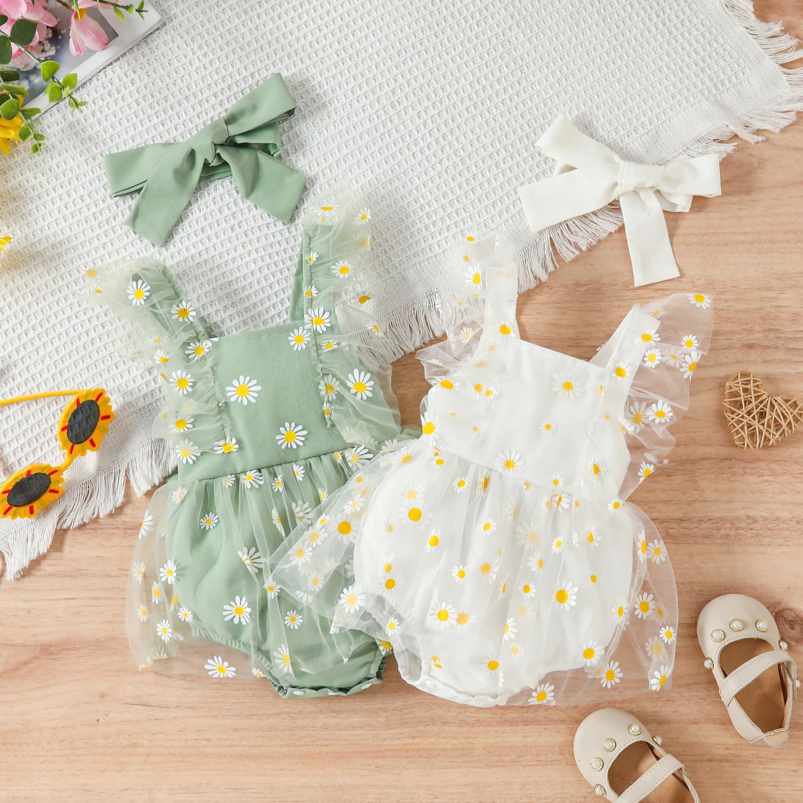 Baby Girl 2Pcs Summer Outfits Ruffle Sleeve Daisy Print Romper Mesh Dress With Headband Set 0-12 Months Hot Sale