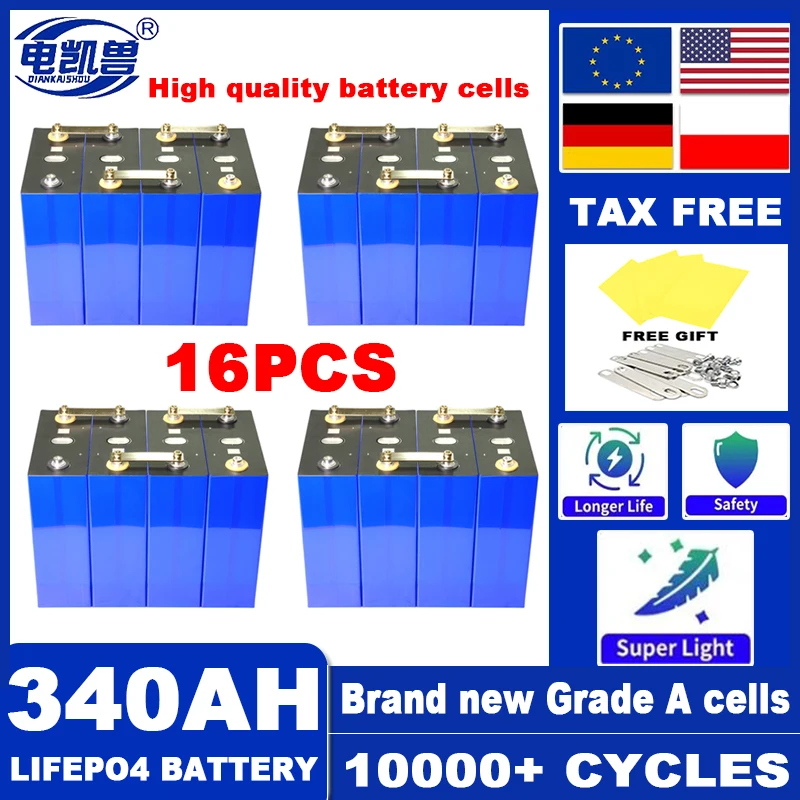 

16PCS 3.2V 340Ah Lifepo4 10000 cycles Grade A Lithium Iron Phosphate Battery DIY 12V 24V 36V 48V Rechargeable Cells Duty free