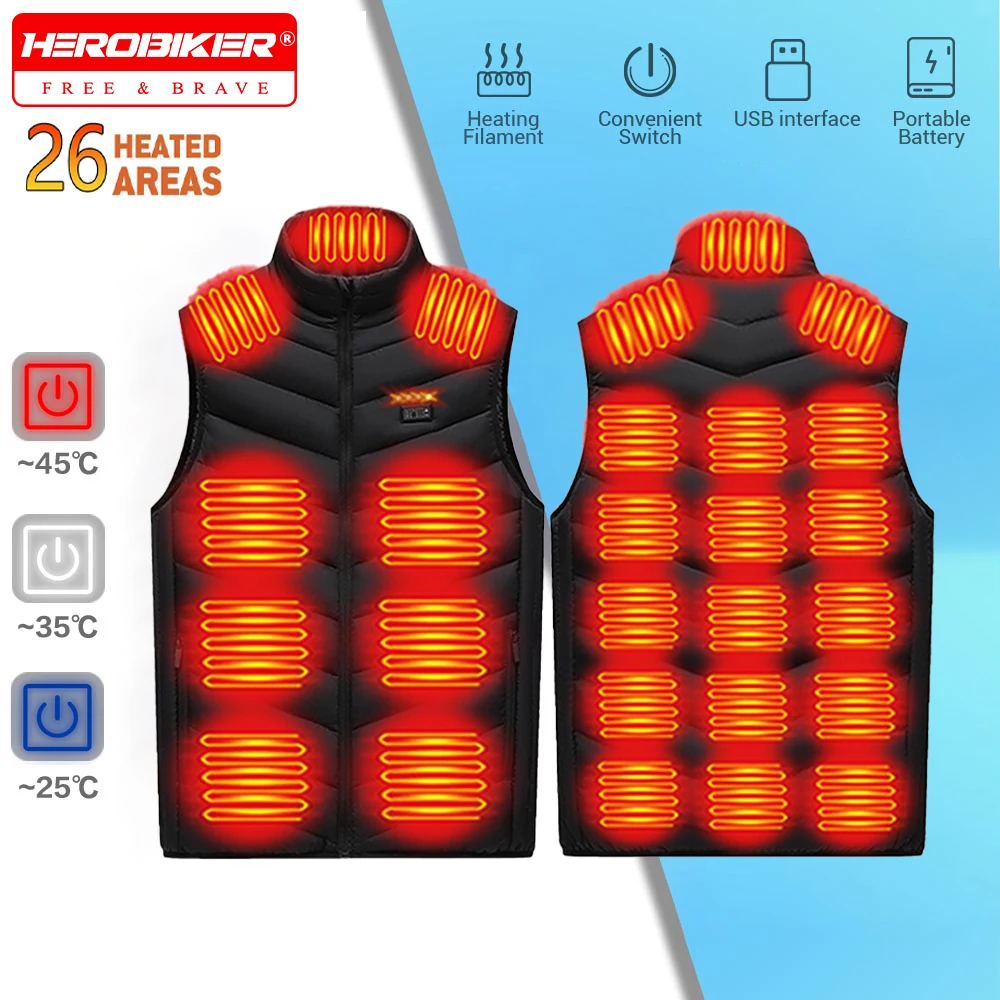 Gilet chauffant 26 zones pour hommes, veste thermique USB, gilet chauffant intelligent pour l'extérieur, nouveau manteau épais sans manches résistant au froid pour l'hiver, randonnée