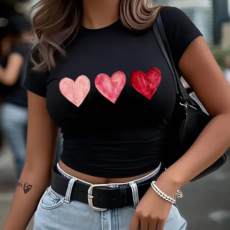 Y2K Herz-Print Sommer Crop-Top Grafik Y2K Crop-Tops für Frauen 90er Sexy Mädchen O-Ausschnitt T-Shirt Damenkleidung