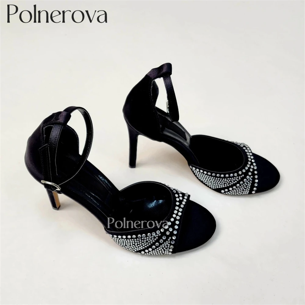 

Satin Rhinestone Beads Sandals for Women Open Round Toe Stiletto Summer Shoes Multicolor Ankle Buckle Fashion Style High Heels