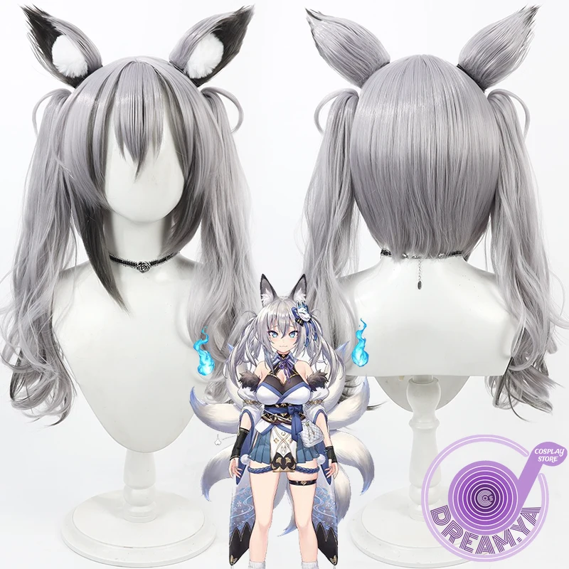 Inari Iroha Cosplay Wig Vtuber Gray Mixed Ponytail 45cm Heat Resistant Synthetic Hair Halloween Role Play Party Carnival Wig Cap