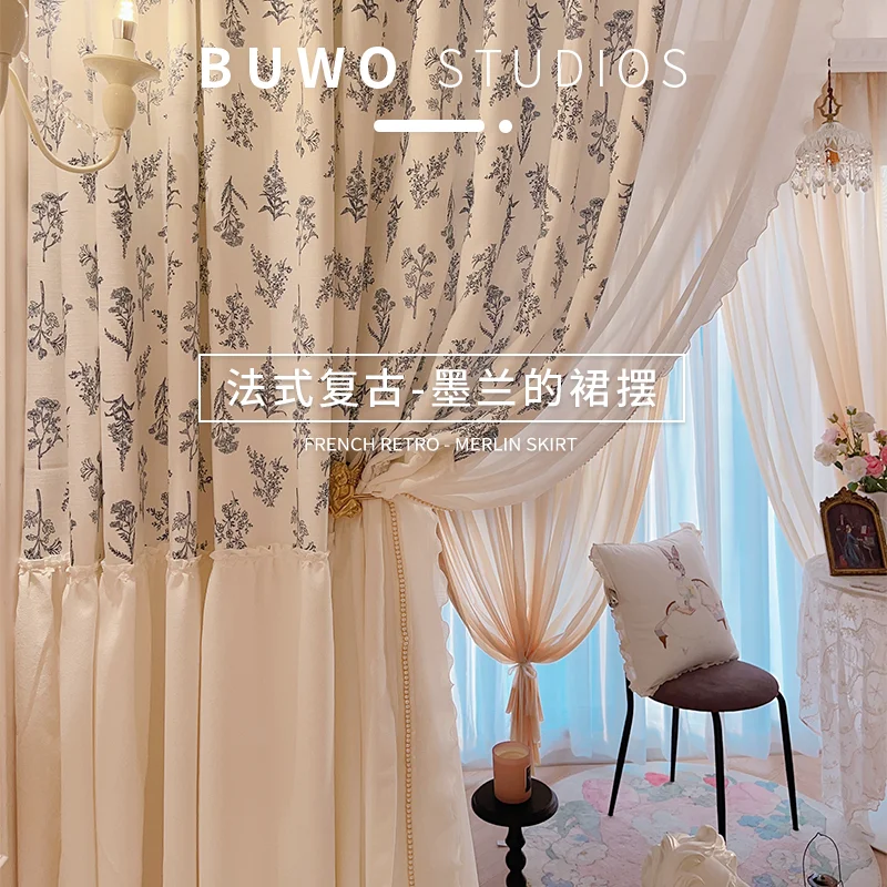 

Customized French curtains for living room bedroom Murray's skirt pearl mullein lace vintage printed cotton linen princess girl