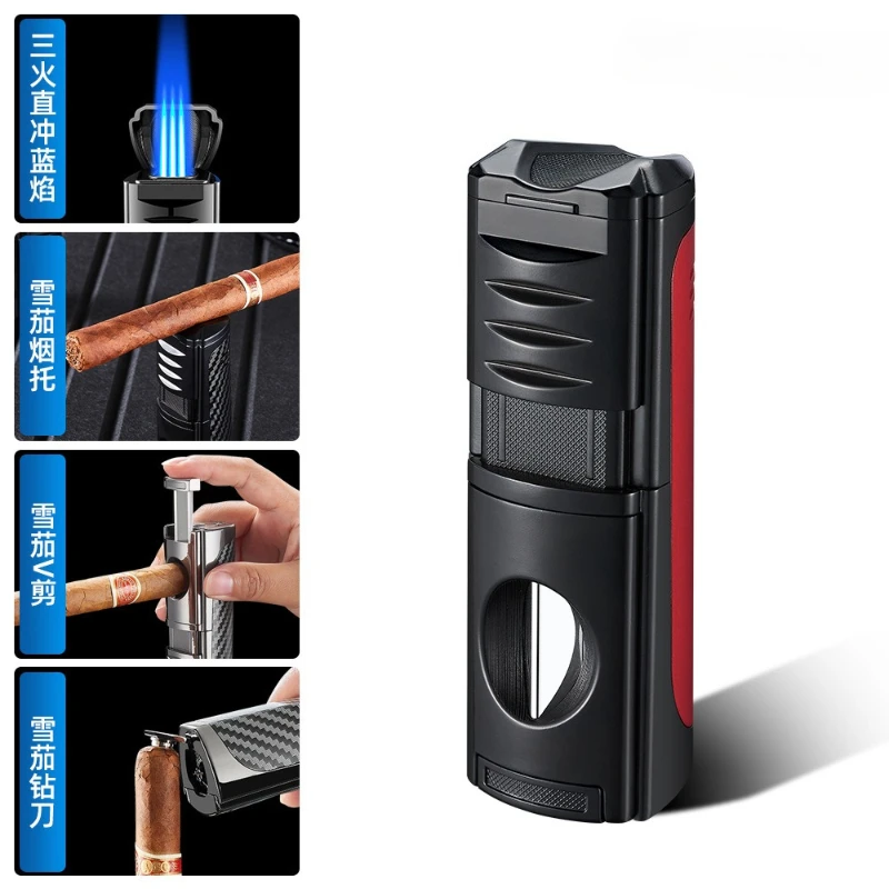Windproof Metal Cigarette Lighter with Cigar Cutter Accessory Refillable with Butane Multi-functional Cigar Lighter