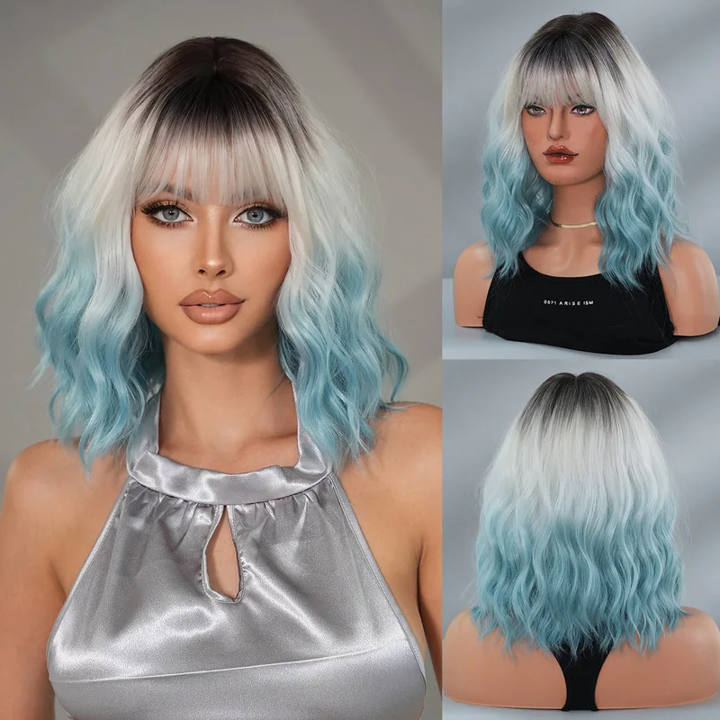 Cross-border fashion 12-inch short curly gradient blue for women with bangs, ocean wave bob style, synthetic fiber full wig