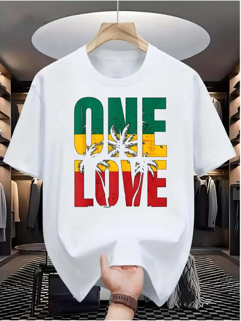 Men's Plus Size One Love Tropical Pattern T-Shirt, Navy Blue Red Green Letter Print, Round Neck Top, Street Short Sleeve, Festiv
